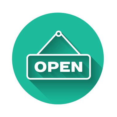 Metin ile beyaz asılı işareti uzun gölge ile yalıtılmış açık kapı simgesi. Yeşil daire düğmesi. Vektör Illustration