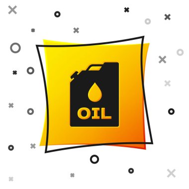 Beyaz arka plan üzerinde izole motor makine yağı simgesi için Siyah Plastik kutu. Yağ galonu. Yağ değişimi servis ve onarımı. Motor yağı işareti. Sarı kare düğmesi. Vektör İllüstrasyonu