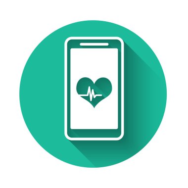Kalp hızı monitörü fonksiyon simgesi uzun gölge ile izole ile Beyaz Smartphone. Yeşil daire düğmesi. Vektör İllüstrasyonu