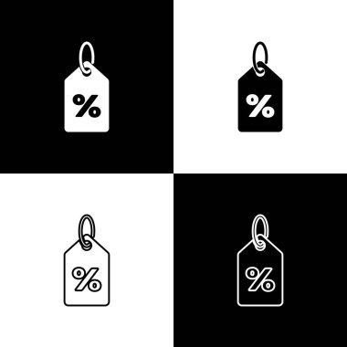 Siyah beyaz arka planda yalıtılmış İndirim yüzdesi etiket simgelerini ayarlayın. Alışveriş etiketi işareti. Özel teklif işareti. İndirim kuponları sembolü. Vektör İllüstrasyonu