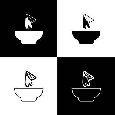 Nachos'u siyah beyaz arka planda izole edilmiş plaka simgelerinde ayarlayın. Tortilla cipsi veya nachos tortilla. Geleneksel Meksika fast food'u. Vektör İllüstrasyonu