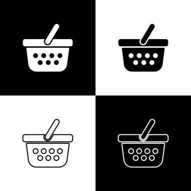 Siyah beyaz arka planda yalıtılmış Alışveriş sepeti simgelerini ayarlayın. Online satın alma konsepti. Teslimat hizmeti işareti. Alışveriş sepeti sembolü. Vektör İllüstrasyonu