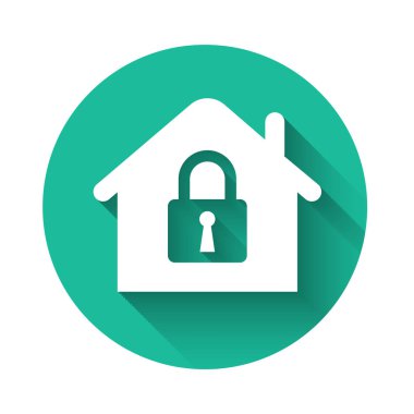 Beyaz Saray uzun gölgeli bir koruma ikonu altında. Eve git ve kilitle. Koruma, güvenlik, güvenlik, koruma, savunma konsepti. Yeşil daire düğmesi. Vektör İllüstrasyonu