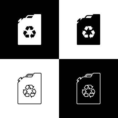 Siyah ve beyaz arka planda yalıtılmış Eko yakıt kutusu simgesini yalıtılmış simgeler ayarlayın. Eko biyo ve varil. Yeşil çevre ve geri dönüşüm. Vektör İllüstrasyonu