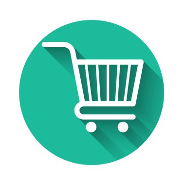 Uzun gölgeli beyaz alışveriş arabası ikonu. İnternetten satın alma konsepti. Servis tabelası. Süpermarket sepeti sembolü. Yeşil daire düğmesi. Vektör İllüstrasyonu