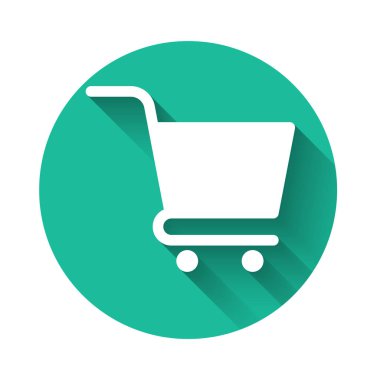 Uzun gölgeli beyaz alışveriş arabası ikonu. İnternetten satın alma konsepti. Servis tabelası. Süpermarket sepeti sembolü. Yeşil daire düğmesi. Vektör İllüstrasyonu