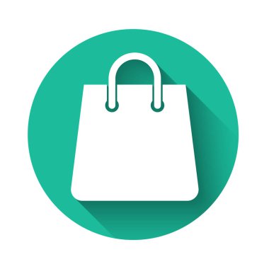 Beyaz Çanta simgesi uzun gölge ile izole. Shoping çanta işareti. Kadın çantası simgesi. Kadın çanta tabelası. Glamour rahat bagaj. Yeşil daire düğmesi. Vektör İllüstrasyonu