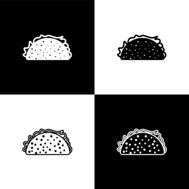 Taco'yu siyah beyaz arka planda izole edilmiş tortilla simgeleriyle ayarlayın. Geleneksel Meksika fast food'u. Vektör İllüstrasyonu