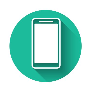 Beyaz akıllı telefon, cep telefonu ikonu uzun gölgeli. Yeşil daire düğmesi. Vektör İllüstrasyonu