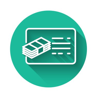 Beyaz Mali belge satırı simgesi uzun gölge ile yalıtılmış. Fatura ve para simgesi. Bütçe planlama, para tasarrufu ve borç kavramı ödeme. Yeşil daire düğmesi. Vektör İllüstrasyonu