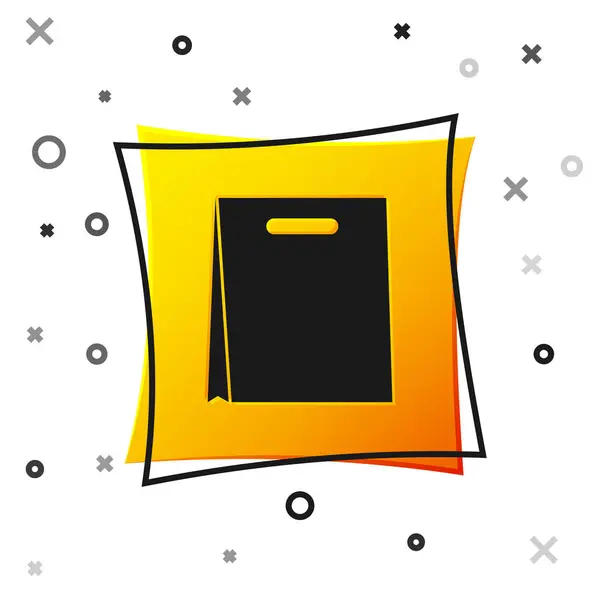 Icono de bolsa de compras de papel negro aislado sobre fondo blanco. Firma del paquete. Botón cuadrado amarillo. Ilustración vectorial — Archivo Imágenes Vectoriales