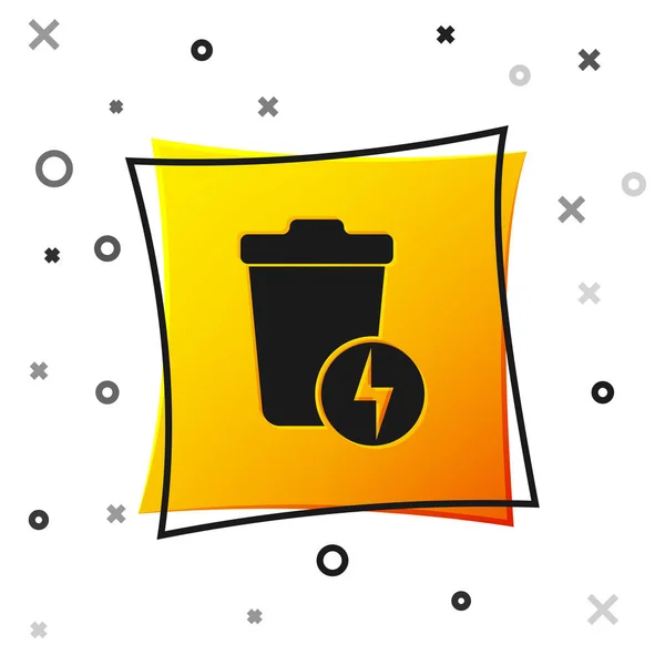 Black Lightning with trash can icon isolated on white background. Waste to energy. Garbage bin sign. Recycle basket sign. Yellow square button. Vector Illustration — Stock Vector