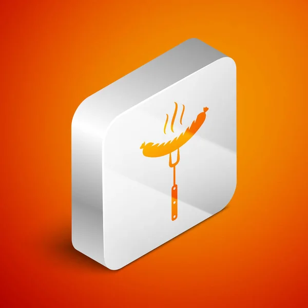 Isometric Sausage on the fork with steam icon isolated on orange background. Grilled sausage and aroma sign. Silver square button. Vector Illustration