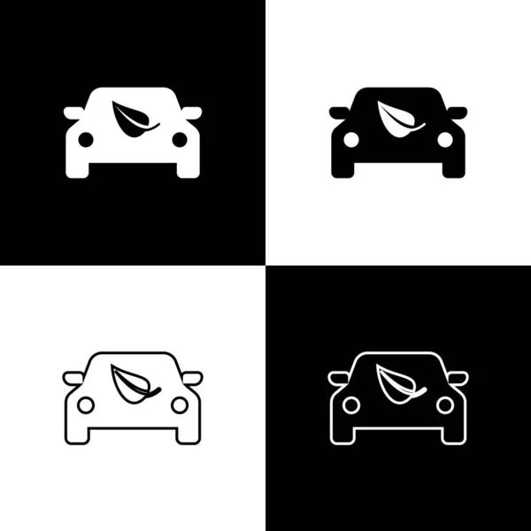 Set Eco auto concept drive con icona foglia isolata icone isolate su sfondo bianco e nero. Energia verde auto simbolo. Illustrazione vettoriale — Vettoriale Stock