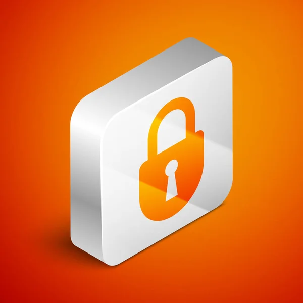 Isometric Lock icon isolated on orange background. Padlock sign. Security, safety, protection, privacy concept. Silver square button. Vector Illustration — Stock Vector
