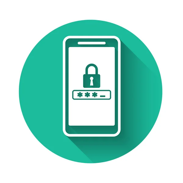 Vit mobiltelefon och lösenordskydd ikon isolerad med lång skugga. Säkerhet, personlig åtkomst, användartillstånd, sekretess. Grön cirkel knapp. Vektor illustration — Stock vektor