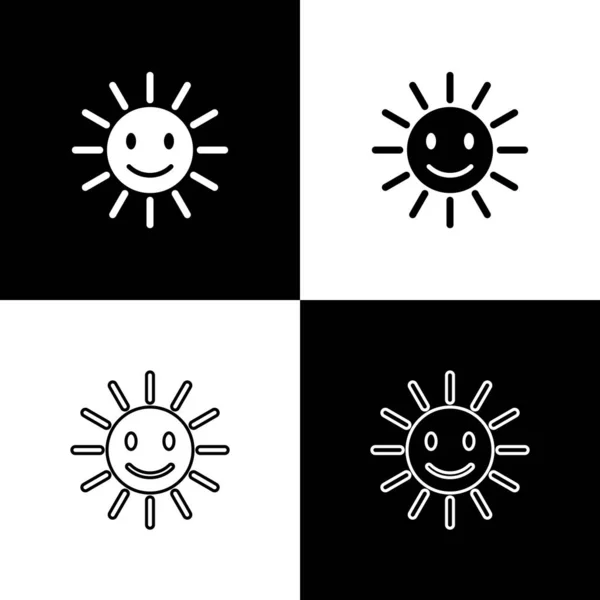 Set Lindo sol con iconos de sonrisa aislados sobre fondo blanco y negro. Divertido sol sonriente. Feliz sonrisa soleada. Ilustración vectorial — Vector de stock