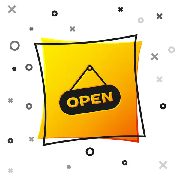 Sinal de suspensão preto com texto Ícone de porta aberta isolado no fundo branco. Botão quadrado amarelo. Ilustração vetorial — Vetor de Stock