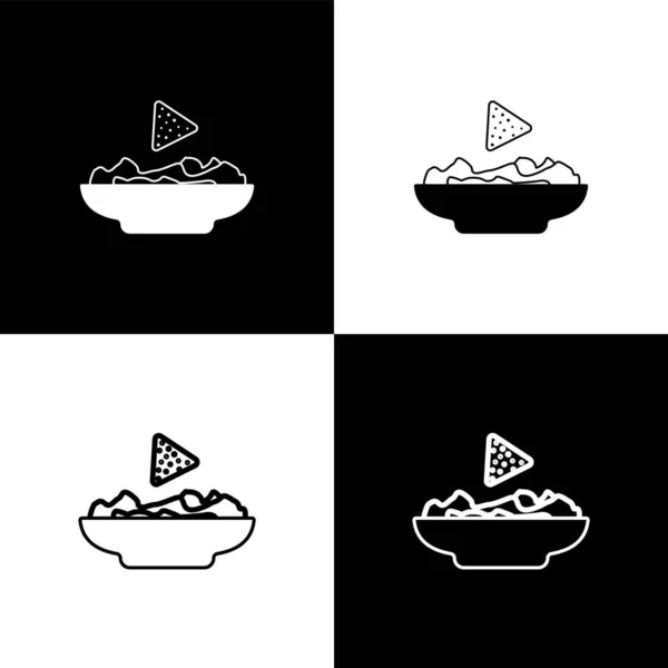 Defina Nachos em ícones de placa isolados em fundo preto e branco. Tortilhas ou tortilhas de nachos. Comida tradicional mexicana. Ilustração vetorial — Vetor de Stock