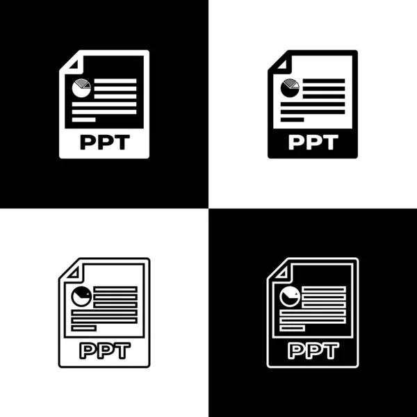 PPT 파일 문서 아이콘을 설정합니다. 흑백 배경에 격리 된 PPT 버튼 아이콘을 다운로드하십시오. PPT 파일 프리젠 테이션. 벡터 일러스트레이션 — 스톡 벡터