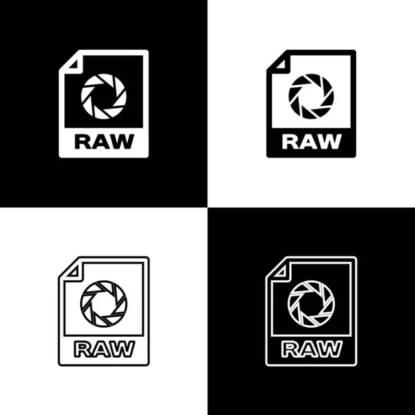 Imposta l'icona del documento RAW. Scarica le icone dei pulsanti raw isolate su sfondo bianco e nero. Simbolo file RAW. Illustrazione vettoriale — Vettoriale Stock
