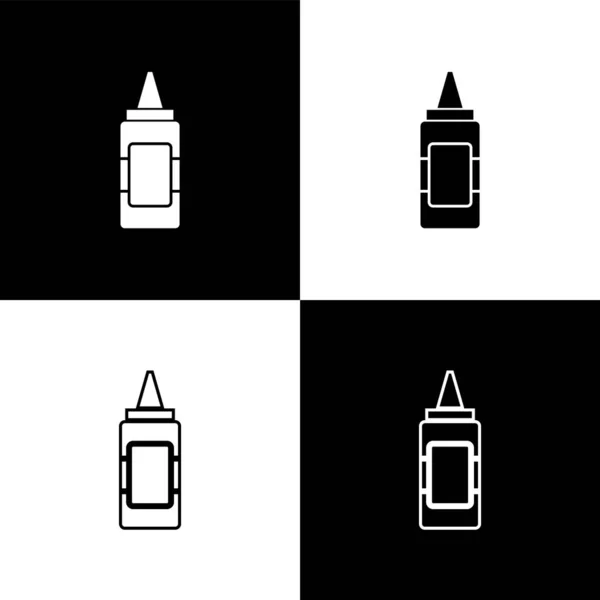 Defina ícones de garrafa de mostarda isolados em fundo preto e branco. Ilustração vetorial —  Vetores de Stock