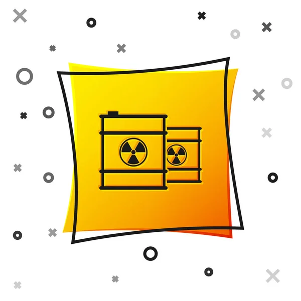 Black Radioactive waste in barrel line icon isolated on white background. Toxic refuse keg. Radioactive garbage emissions, environmental pollution. Yellow square button. Vector Illustration — Stock Vector