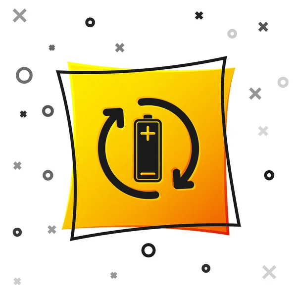 Black Battery with recycle symbol line icon isolated on white background. Battery with recycling symbol - renewable energy concept. Yellow square button. Vector Illustration — Stock Vector