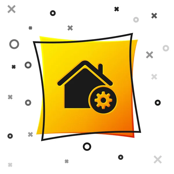 Icono de configuración del hogar inteligente negro aislado sobre fondo blanco. Control remoto. Botón cuadrado amarillo. Ilustración vectorial — Vector de stock