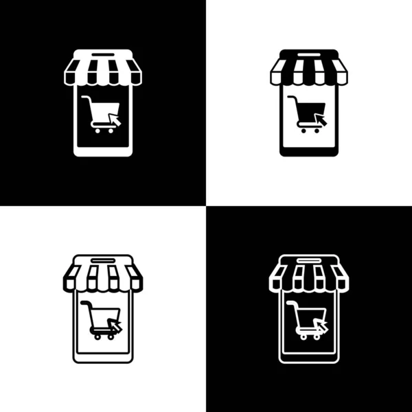 흑백 배경에 스트라이프 어닝 아이콘이 분리된 휴대폰 및 쇼핑 카트를 설정합니다. 온라인 구매 기호입니다. 슈퍼마켓 바구니 기호입니다. 벡터 일러스트레이션 — 스톡 벡터