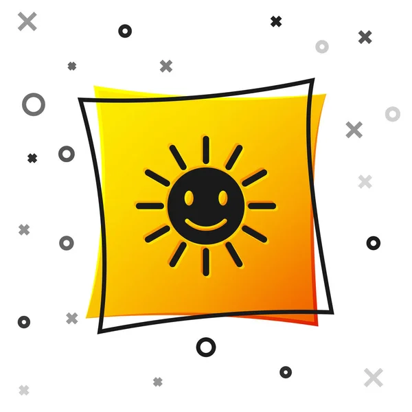 Negro Lindo sol con sonrisa icono aislado sobre fondo blanco. Divertido sol sonriente. Feliz sonrisa soleada. Botón cuadrado amarillo. Ilustración vectorial — Vector de stock