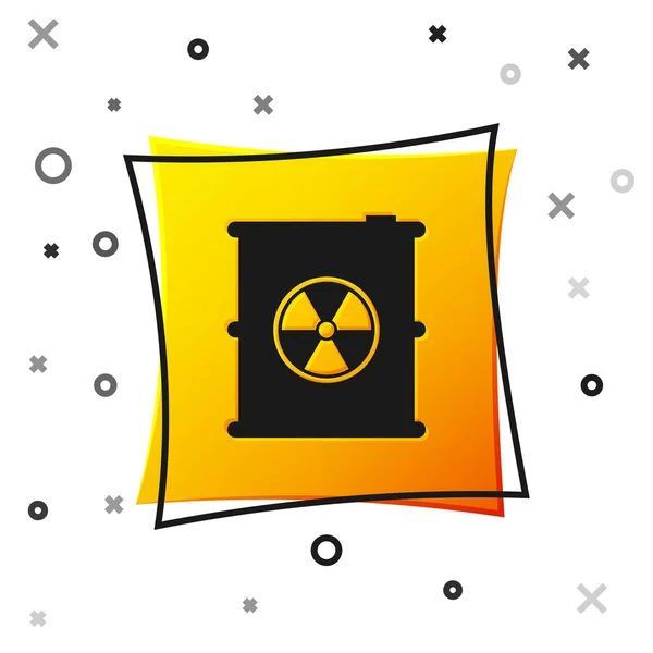 Black Radioactive waste in barrel icon isolated on white background. Toxic refuse keg. Radioactive garbage emissions, environmental pollution. Yellow square button. Vector Illustration — Stock Vector