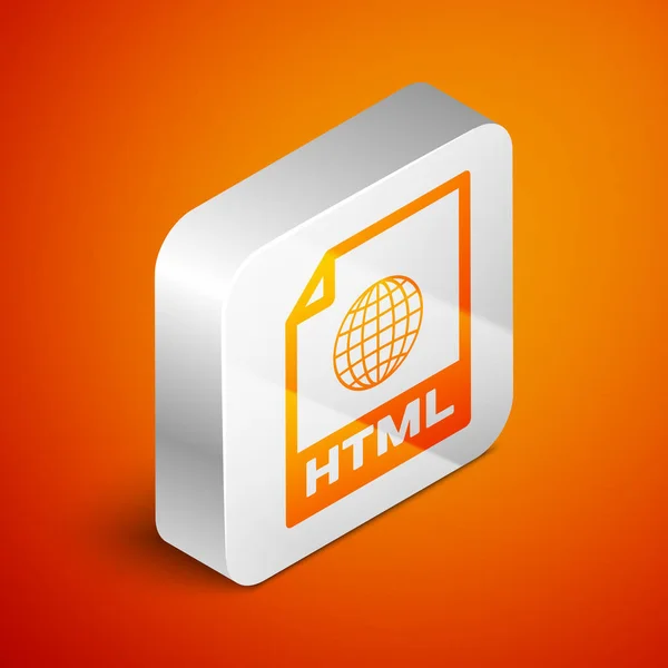 等轴测 Html 文件文档图标。下载橙色背景上隔离的 html 按钮图标。Html 文件符号。标记语言符号。银色方形按钮。矢量插图 — 图库矢量图片