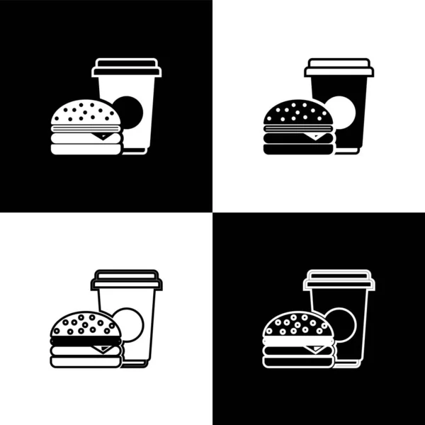 Set icone di caffè e hamburger isolato su sfondo bianco e nero. Simbolo del fast food. Illustrazione vettoriale — Vettoriale Stock