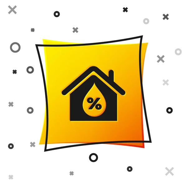 Zwart huis vochtigheid pictogram geïsoleerd op witte achtergrond. Weer en meteorologie, thermometer symbool. Gele vierkante knop. Vector illustratie — Stockvector