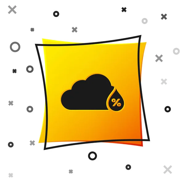 Zwarte vochtigheids pictogram geïsoleerd op witte achtergrond. Weer en meteorologie, wolk, thermometer symbool. Gele vierkante knop. Vector illustratie — Stockvector