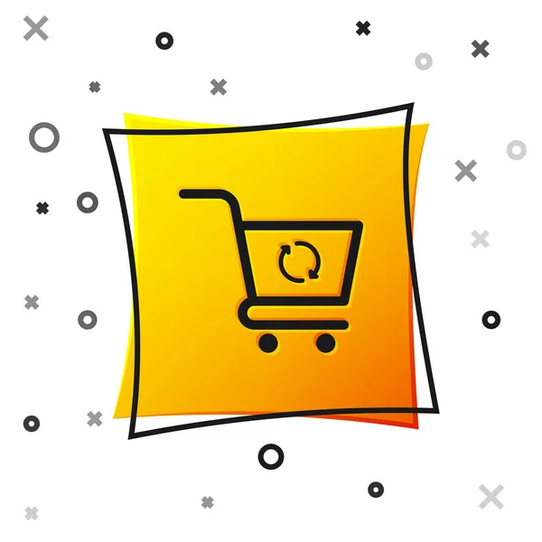 Black Refresh shopping cart icon isolated on white background. Online buying concept. Delivery service sign. Update supermarket basket symbol. Yellow square button. Vector Illustration — Stock Vector