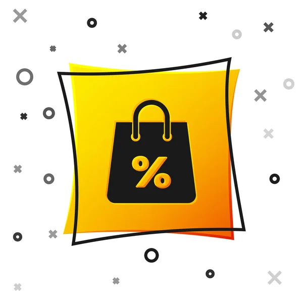 Bolso Shoping negro con un icono de descuento del porcentaje de inscripción aislado sobre fondo blanco. Señal de bolso. Icono de bolsa de mujer. Señal de bolso femenino. Botón cuadrado amarillo. Ilustración vectorial — Archivo Imágenes Vectoriales