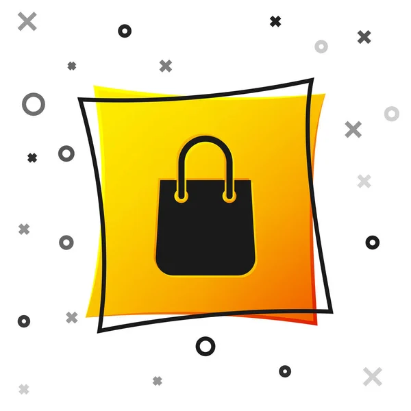 Schwarze Einkaufstasche Symbol isoliert auf weißem Hintergrund. Paketschild. gelber quadratischer Knopf. Vektorillustration — Stockvektor