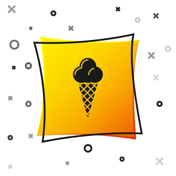 Zmrzlina černá zmrzlina v ikoně Vaflové kužele izolovaná na bílém pozadí. Sladký symbol. Žluté čtvercové tlačítko. Vektorová ilustrace — Stockový vektor