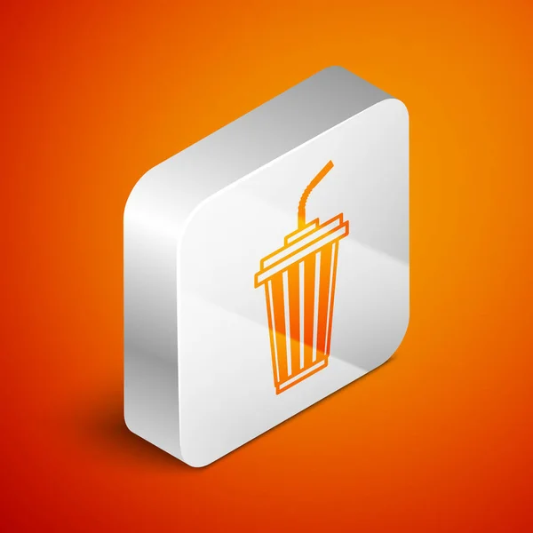 Isometric Glass with water icon isolated on orange background. Soda drink glass with drinking straw. Fresh cold beverage symbol. Silver square button. Vector Illustration — Stock Vector