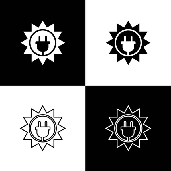 Set Iconos de panel de energía solar aislados sobre fondo blanco y negro. Sol y enchufe eléctrico. Ilustración vectorial — Vector de stock