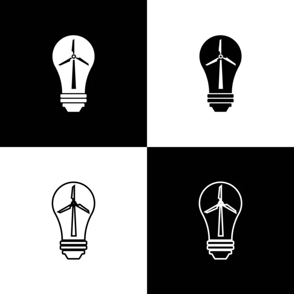 Set Light bulb with wind turbine as idea of eco friendly source of energy icons isolated on black and white background. Alternative energy concept. Vector Illustration — Stock Vector