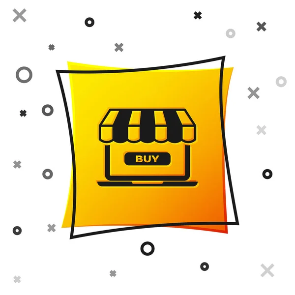 Negro Concepto de compras en línea. Comprar en pantalla icono portátil aislado sobre fondo blanco. Concepto e-commerce, e-business, marketing online. Botón cuadrado amarillo. Ilustración vectorial — Archivo Imágenes Vectoriales