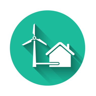 Beyaz Saray elektrik enerjisi üretimi simgesi uzun gölge ile izole için rüzgar türbini ile. Çevre dostu bir ev. Çevre Koruma. Yeşil daire düğmesi. Vektör İllüstrasyonu