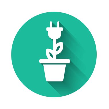 Uzun gölge ile izole pot simgesibeyaz elektrik tasarruf fişi. Enerji elektrik simgesi kaydedin. Çevre koruma simgesi. Biyo enerji. Yeşil daire düğmesi. Vektör İllüstrasyonu