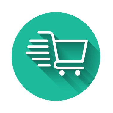 Uzun gölgeli beyaz alışveriş arabası ikonu. İnternetten satın alma konsepti. Servis tabelası. Süpermarket sepeti sembolü. Yeşil daire düğmesi. Vektör İllüstrasyonu