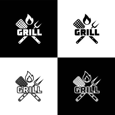 Çapraz çatal ve spatula simgelerini siyah beyaz arka planda yalıtılmış olarak ayarlayın. Ateş alev işareti. Barbekü çatal ve spatula işareti. Barbekü ve ızgara aletleri. Vektör İllüstrasyonu