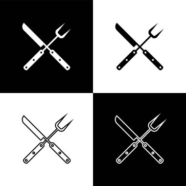 Çapraz bıçak ve spatula simgeleri siyah ve beyaz arka plan üzerinde izole ayarlayın. Barbekü bıçağı ve spatula işareti. Barbekü ve ızgara aletleri. Vektör İllüstrasyonu