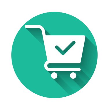 Uzun gölge ile yalıtılmış onay işareti simgesi ile Beyaz Alışveriş sepeti. Onaylı süpermarket sepeti, onaylamak, bitmiş, kene, tamamlanmış sembol. Yeşil daire düğmesi. Vektör İllüstrasyonu